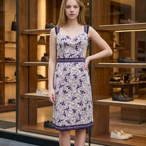 Milly of New York silk dress, sweetheart neckline, with a purple design